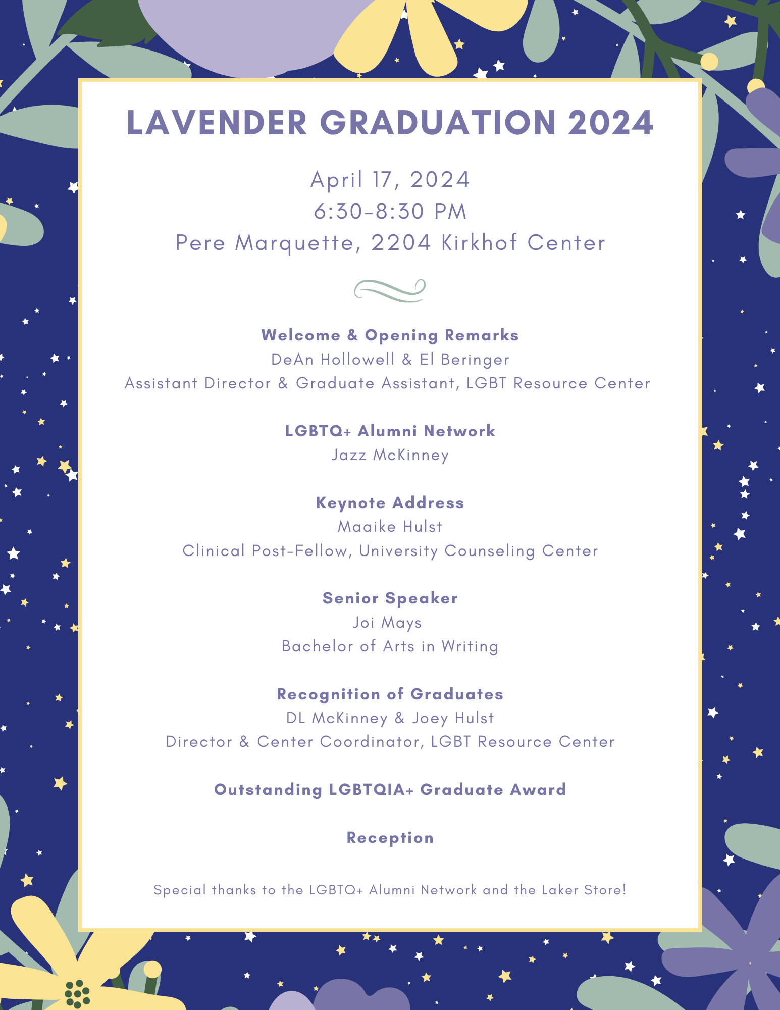 Lav Grad 2024 agenda: welcome, alumni network, keynote, senior speaker, recognition of graduates, outstanding grad award, reception